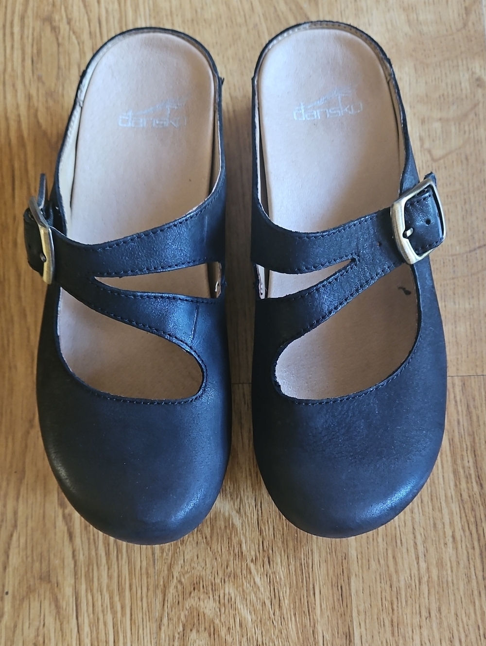 Dansko Black Leather Mary Jane Clogs with Buckle
